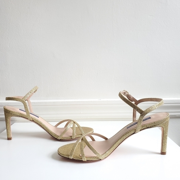 New Stuart Weitzman Gold Starla 80mm Crisscross Metallic Glitter Sandals - Picture 13 of 16